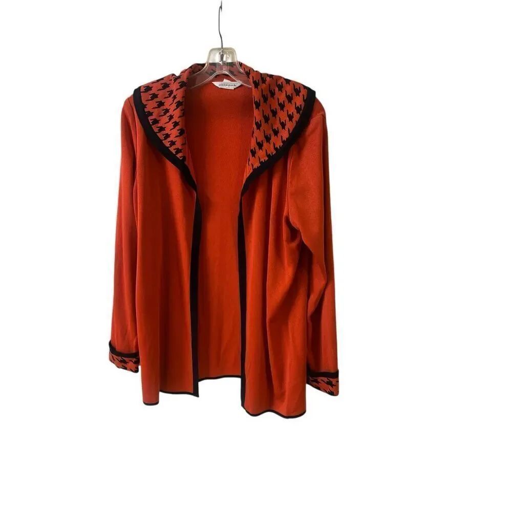 Misook cardigan sweater lightweight red with red & black houndstooth collar sz L
